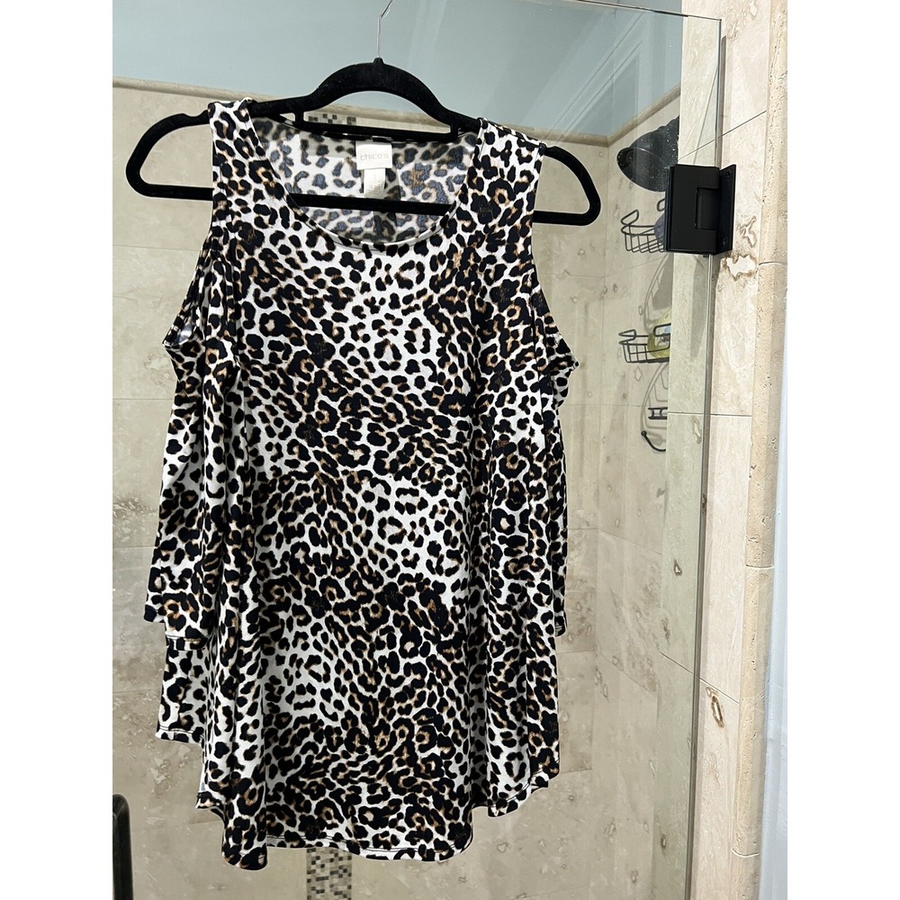 Chicos Brown Animal Print Cold Shoulder Jersey Top Size 1 Medium Leopard Print